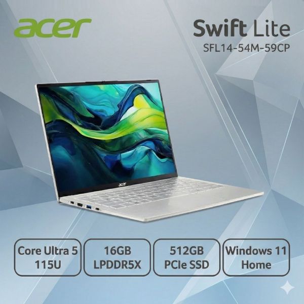 圖片 ACER 宏碁Swift Lite 14吋Ultra5 極輕薄999g AI效能筆電銀色 (Ultra 5 115U/16GB/512GB/W11/SFL14-54M-59CP)🎈送保護套/滑鼠墊/鍵盤膜🎈