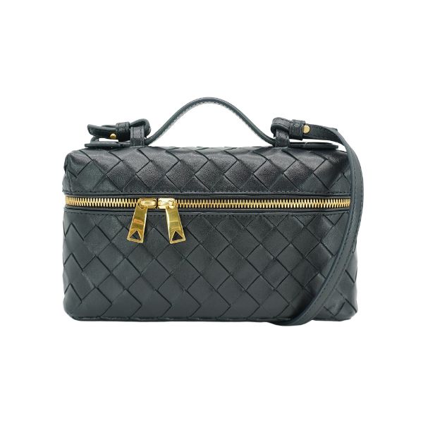 圖片 Bottega Veneta Bang Bang 牛皮編織金釦手提兩用化妝包(789109-藏藍)