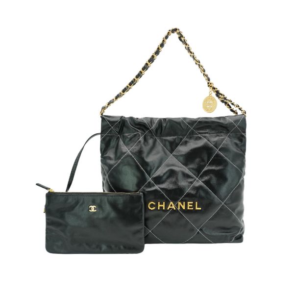 圖片 Chanel 展示品 22 Bag 金logo菱格白線牛皮小號肩背包(AS3260-黑)