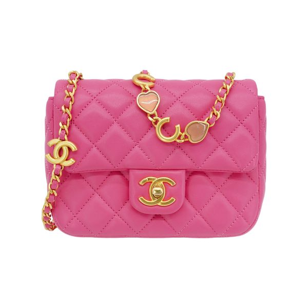圖片 Chanel 菱格羊皮霧金愛心鏈帶方胖斜背包-17cm(AS1786-桃紅)