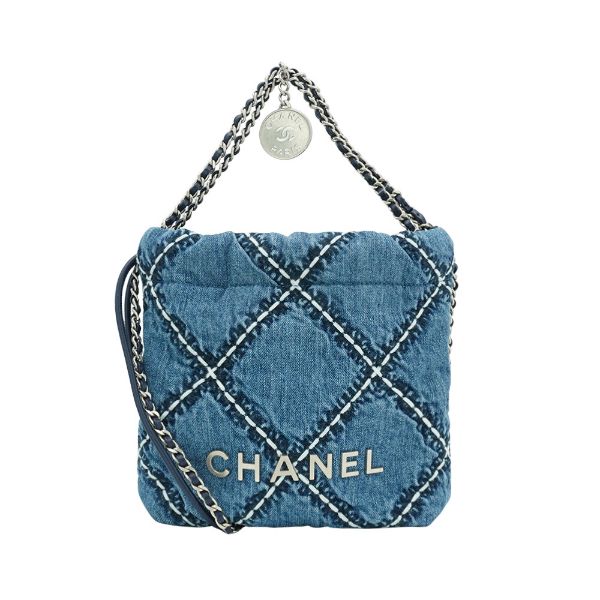 圖片 Chanel 展示品 22 mini 銀Logo白色粗縫線牛仔布斜背包(AS3980-牛仔藍) 