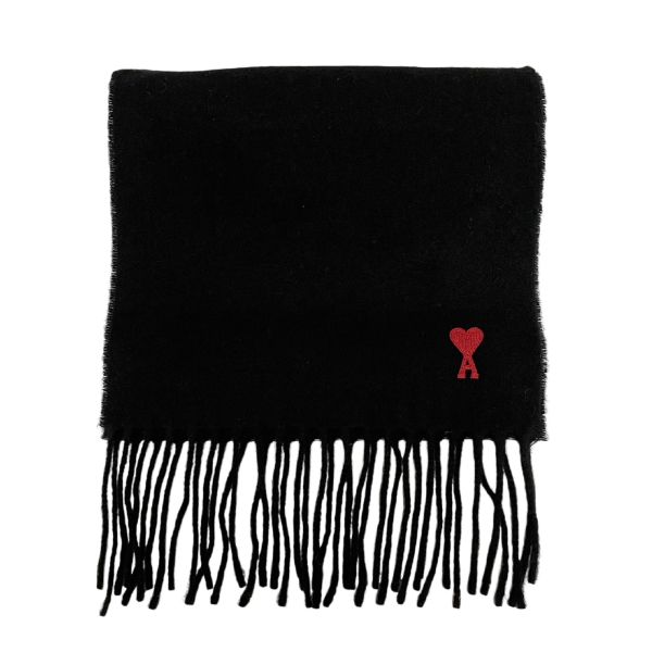 圖片 AMI PARIS 愛心A圖騰LOGO 流蘇羊毛圍巾 黑色 - BFUSF405334 001