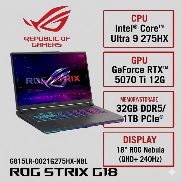 圖片 ⭐️ASUS ROG 華碩Strix G18 18吋電競筆電 黑(Ultra 9 275HX/32G/1TB/GeForce RTX 5070 Ti-12G/G815LR-0021G275HX-NBL)⭐️
