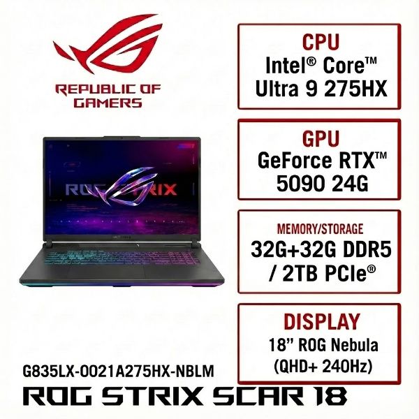 圖片 ⭐️ASUS ROG Strix SCAR 18 G835LX-0021A275HX-NBLM 闇夜黑 華碩槍神旗艦滿血版電競筆電/Ultra 9-275HX/RTX5090 24G/64GB DDR5/2TB PCIe/18吋 16:10 2.5K 240Hz/W11/含ROG後背包及電競滑鼠⭐️