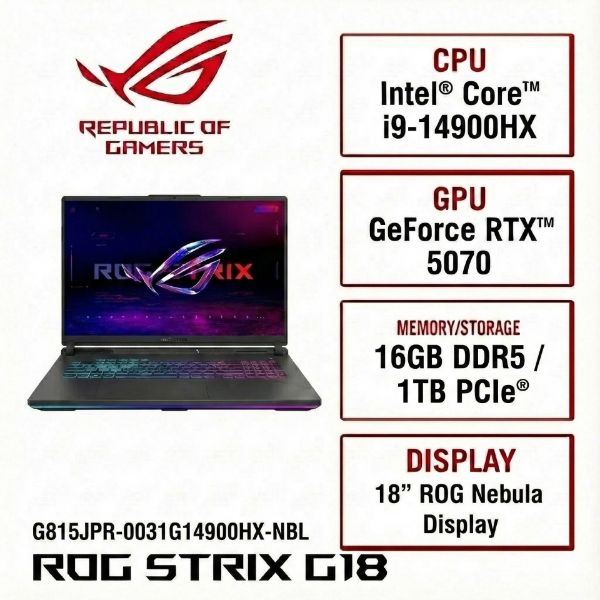 圖片 ⭐️ASUS ROG 華碩Strix G18 18吋電競筆電黑色(i9-14900HX/16GB/1TB/GeForce RTX 5070/WIN11/G815JPR-0031G14900HX-NBL)⭐️