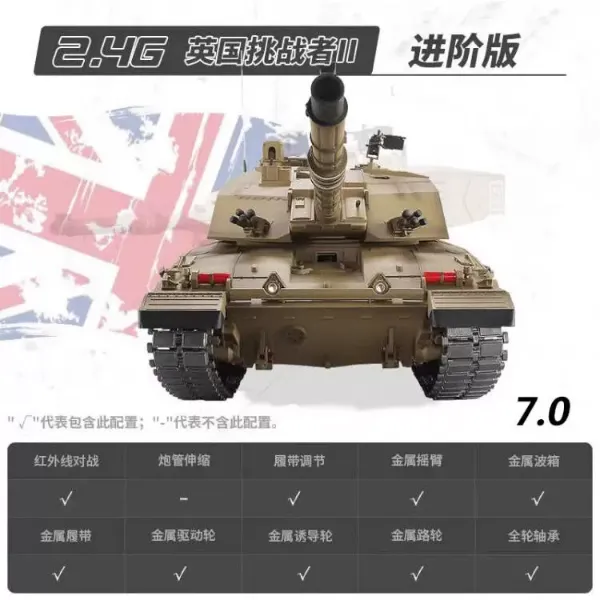 圖片 [酷飛] 恆龍遙控坦克可發射金屬履帶超大成人電動軍事模型男孩玩具車 挑戰者II-專業進階版7.0