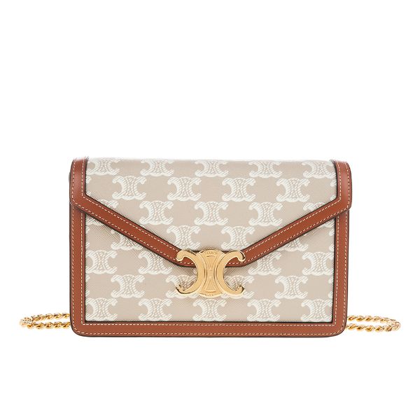 圖片 CELINE 新款TRIOMPHE帆布印花牛皮革邊飾凱旋門LOGO金釦鍊帶斜背包 (米棕色)