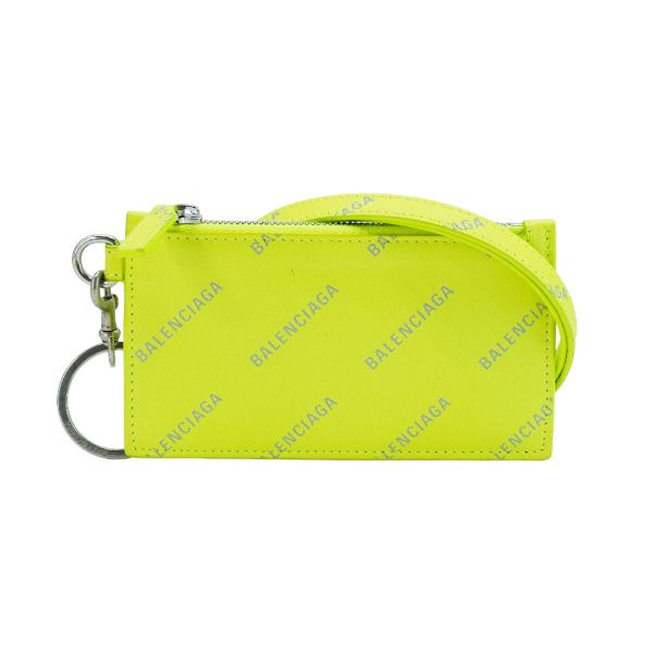 圖片 Balenciaga 展示品 滿版logo牛皮可掛式拉鍊卡包(螢光黃)