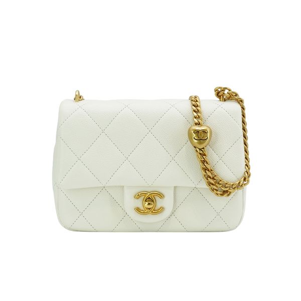 圖片 Chanel 展示品 霧金雙C粒紋牛皮心型金球方胖斜背包(AS3829-白)