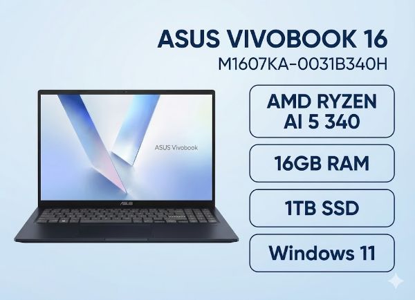 圖片 ASUS 華碩Vivobook 16 16吋AI文書效能筆電藍色(AMD Ryzen AI 5 340/16GB/1TB/WIN11/M1607KA-0031B340H)🎈送保護套/滑鼠墊/鍵盤膜🎈