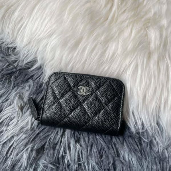 圖片 Chanel 黑銀荔枝拉鏈零錢卡包