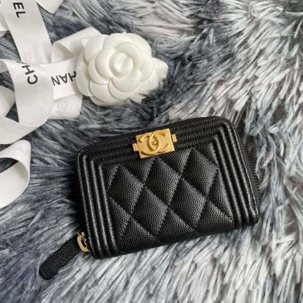 圖片 Chanel 黑金荔枝boy拉鏈零錢卡包