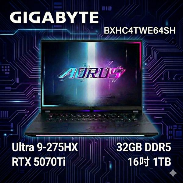 圖片 ⭐️	GIGABYTE AORUS MASTER 16 BXHC4TWE64SH 滿血旗艦電競筆電/Ultra 9-275HX/RTX5070Ti 12G/32GB DDR5/1TB PCIe/16吋 16:10 WQXGA OLED 240Hz/W11⭐️