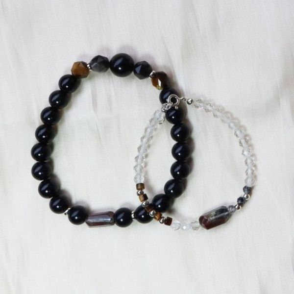 圖片 【水晶手串】守護 |四季幽靈x黑曜石×白水晶 情侶手鍊|大員囡仔