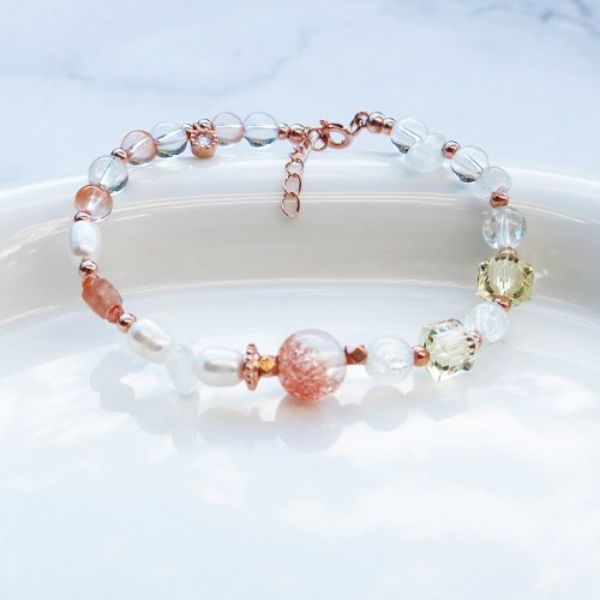 圖片 【水晶手串】烟花 |黃水晶x珍珠×紅兔毛 銀鍍玫金手鍊| 大員囡仔