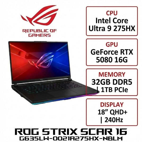 圖片 ⭐️ASUS ROG Strix SCAR 16 G635LW-0021A275HX-NBLM 闇夜黑 華碩槍神旗艦滿血版電競筆電/Ultra 9-275HX/RTX5080 16G/32GB DDR5/1TB PCIe/16吋 16:10 2.5K 240Hz/W11/含ROG後背包及電競滑鼠⭐️