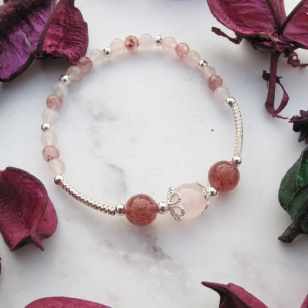 圖片 【水晶手串】草莓奶昔 | 粉晶×草莓晶純銀水晶手鍊 | 大員囡仔