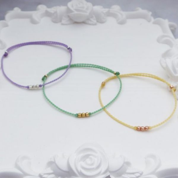 圖片 【手編蠟繩】三色刻花珠|純銀 x K金色 蠟繩幸運手鍊|大員囡仔