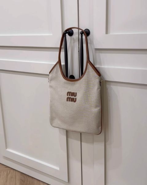 圖片 【MIUMIU】IVY 托特包 帆布拚皮革 米色/干邑色