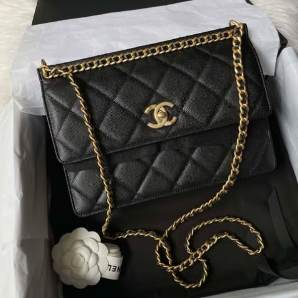 圖片 Chanel 23a黑金荔枝鏈條口蓋包