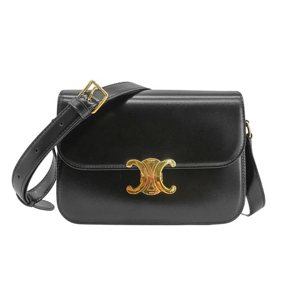 圖片 Celine 展示品 Triomphe 亮面牛皮中型肩背/斜背二用包(黑)