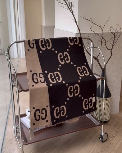 圖片 【GUCCI】提花羊毛絲圍巾 棕色/米色