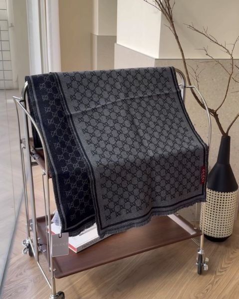 圖片 【GUCCI】GG 羊毛雙面圍巾 深藍色/灰色