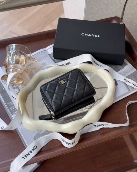 圖片 【CHANEL】荔枝拉鏈式對開短夾 黑色