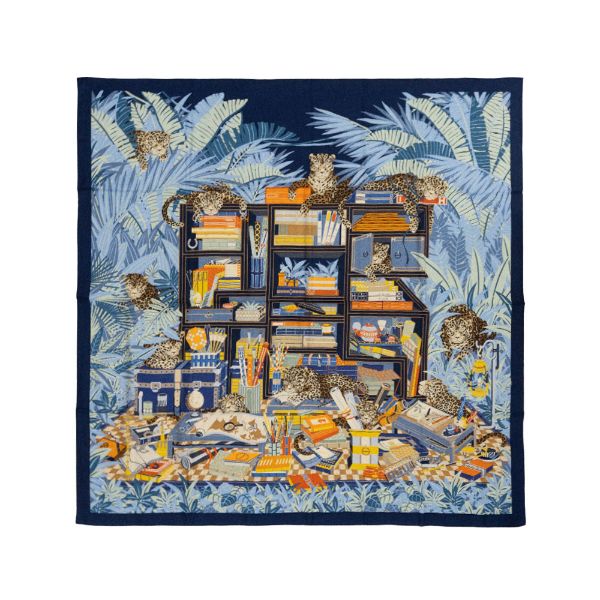 圖片 Hermes Les 12  喀什米爾混絲豹紋圖驣披巾/大方巾-140(藍/綠/棕)