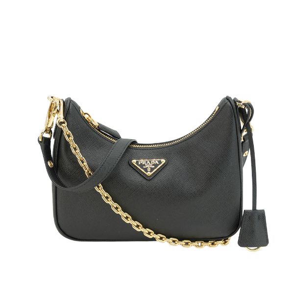 圖片 Prada Re-Edition Saffiano 金三角logo防刮皮革鍊帶hobo肩背包(1BC204-黑)