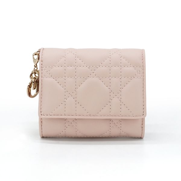 圖片 Dior Lidy Dior 藤格紋羊皮釦式三折小短夾(粉)