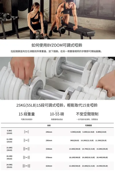 圖片 BYZOOM FITNESSPure Series 25kg(55LB) 15段重量 可調式啞鈴 (黑)*2+站立式收納5段調整健身椅(黑)*1