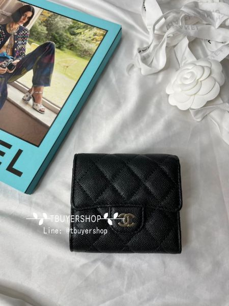 圖片 Chanel cf 黑金 荔枝皮 側邊拉鏈三折短夾  很久沒遇到啦