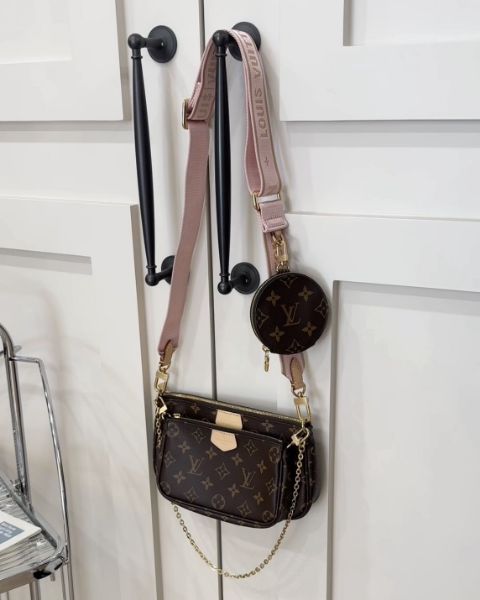 圖片 【LV】五合一棕色老花麻將包 粉色背帶 M44840