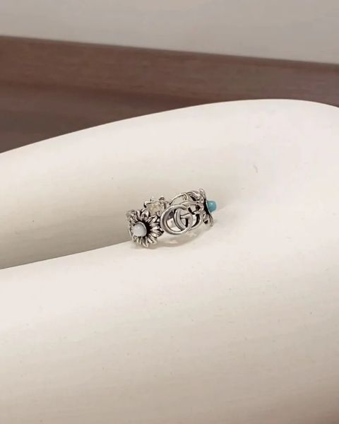 圖片 【GUCCI】雙G 花朵銀飾戒指 祖母綠色