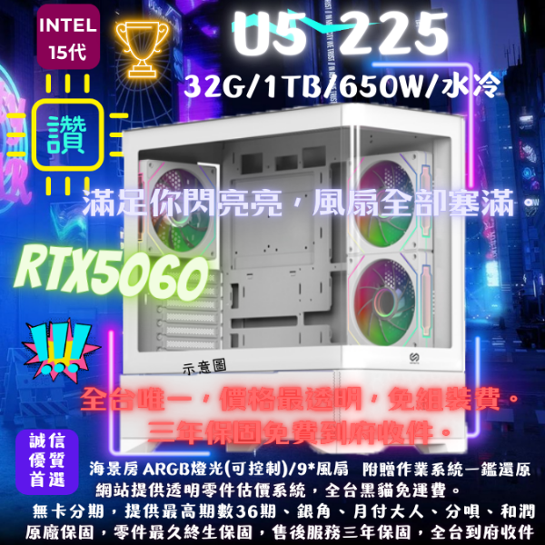 圖片 【X05】閃亮亮專案(U5 225/RTX5060/32G/1TB/水冷)