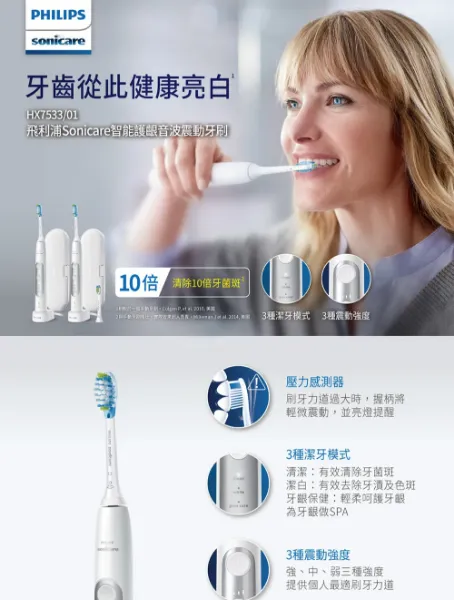 圖片 PHILIPS 飛利浦官方直營Sonicare智能護齦音波電動牙刷HX7533/01(買一送一)+鑽石刷頭一入 (音波牙刷)國際電壓 破盤
