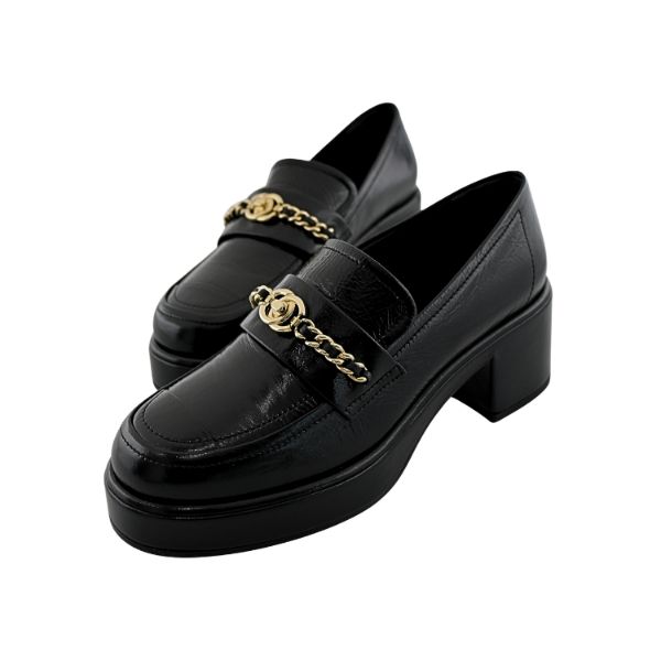 圖片 CHANEL黑色亮面小牛皮金鏈Logo厚底樂福鞋(#37)