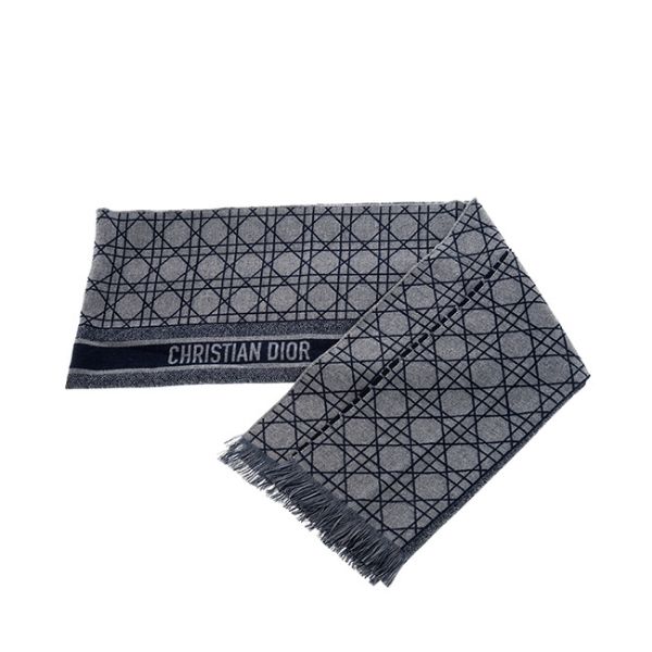 圖片 DIOR 新款海軍藍拼灰色羊絨DIOR CANNAGE 藤格紋圖案圍巾/披巾