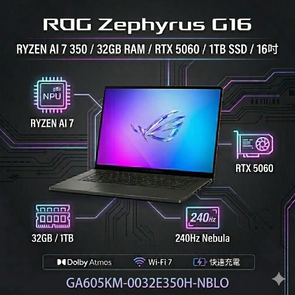 圖片 ASUS ROG 華碩ROG Zephyrus G16 GA605KM-0032E350H-NBLO 灰(Ryzen AI 7 350/32G/1TB/RTX5060 8G/16吋/W11)電競筆電🎈送保護套/滑鼠墊/鍵盤膜🎈