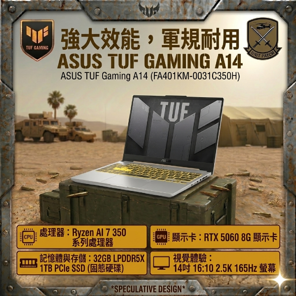圖片 ⭐️ASUS TUF Gaming A14 FA401KM-0031C350H 月光銀 華碩薄邊框軍規電競AI筆電/Ryzen AI 7 350/RTX5060 8G/32GB LPDDR5X/1TB PCIe/14吋 16:10 2.5K 165Hz/W11/含TUF電競滑鼠⭐️