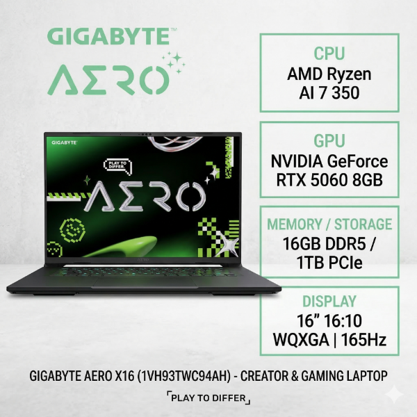 圖片 GIGABYTE AERO X16 1VH93TWC94DH 幻月白 AI輕薄電競筆電/R7 350/RTX5060 8G/16GB DDR5/1TB PCIe/16吋 IPS WQXGA(2560X1600)165Hz /W11🎈送保護套/滑鼠墊/鍵盤膜🎈