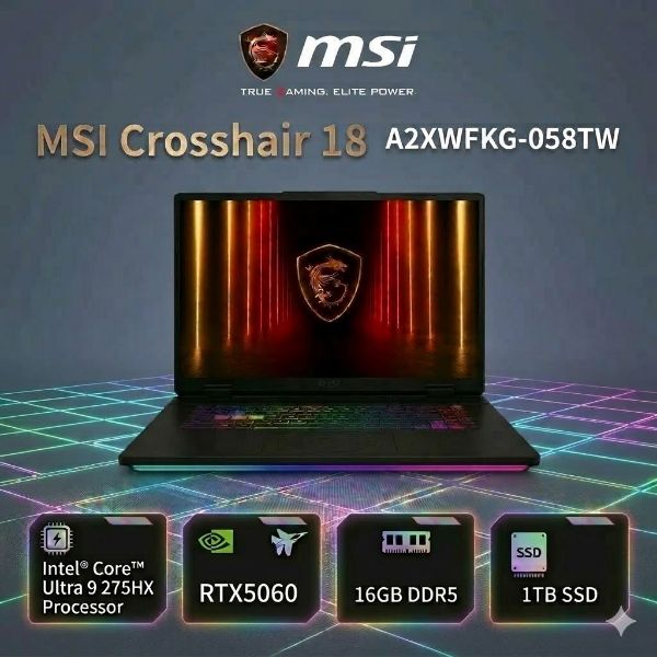 圖片 MSI 微星Crosshair 18 HX AI 16吋 電競筆電黑色(U9-275HX/16GB/1TB/RTX 5060-8G/W11/A2XWFKG-058TW)🎈送保護套/滑鼠墊/鍵盤膜🎈