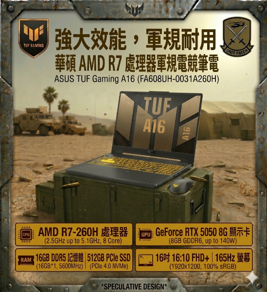 圖片 ASUS TUF Gaming A16 FA608UH-0031A260H 御鐵灰 華碩薄邊框軍規電競筆電/R7-260H/RTX5050 8G/16GB DDR5/512GB PCIe/16吋 16:10 FHD+ 165Hz/W11/含TUF電競滑鼠🎈送保護套/滑鼠墊/鍵盤膜🎈