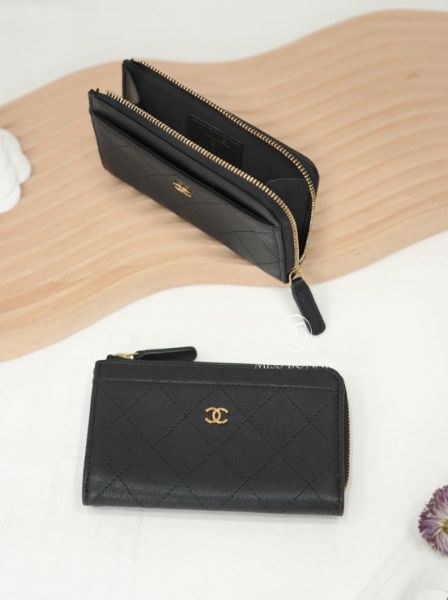 圖片 CHANEL 菱格紋小LOGO拉鍊L型卡包-黑色/金釦