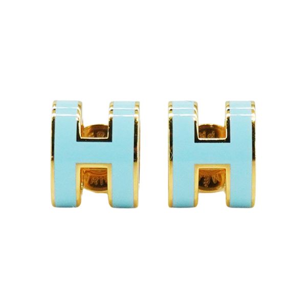 圖片 Hermes Pop H 立體簍空橢圓logo耳環-mini(暴風藍/金)