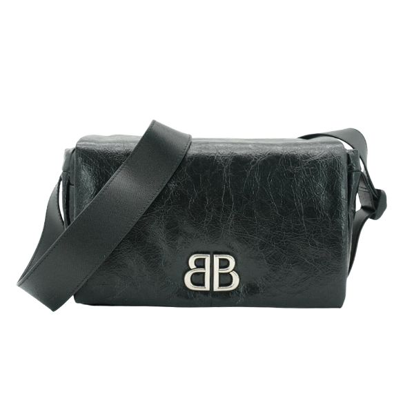 圖片 Balenciaga Monaco 銀logo小牛皮斜背郵差包(806630-黑)