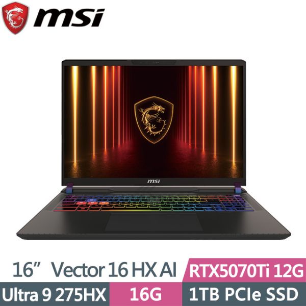 圖片 微星 Vector Ultra 9-275HX/RTX5070Ti/16G/1T/16吋 黑 16 HX AI A2XWHG-477TW