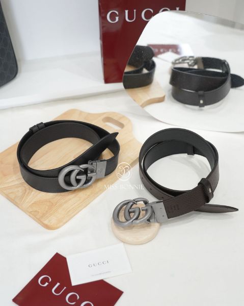 圖片 GUCCI GG銀釦雙面皮革皮帶-黑咖色