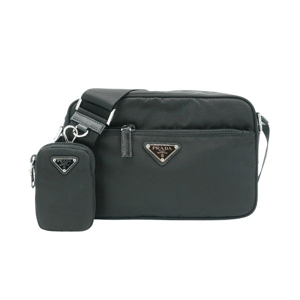 圖片 Prada Saffiano 再生尼龍銀三角logo二合一拉鍊斜背包(1BC167-黑)